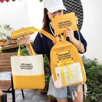 

New Girls Canvas Four-piece Large Capacity Backpack Contrast Color Fashion Casual Bagpack School Bags For Women Schulrucksack