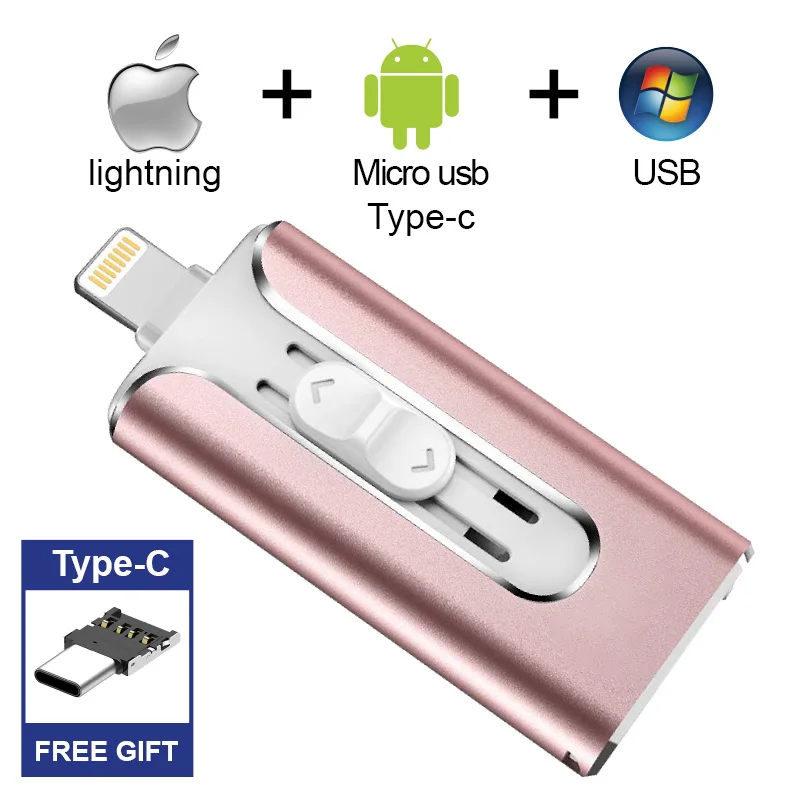 Бесплатный адаптер type-C красивый флеш-накопитель USB 3,0 64 ГБ для iphone металлический флэш-накопитель "молния" накопитель 256 ГБ Флешка 128 ГБ USB память 512g