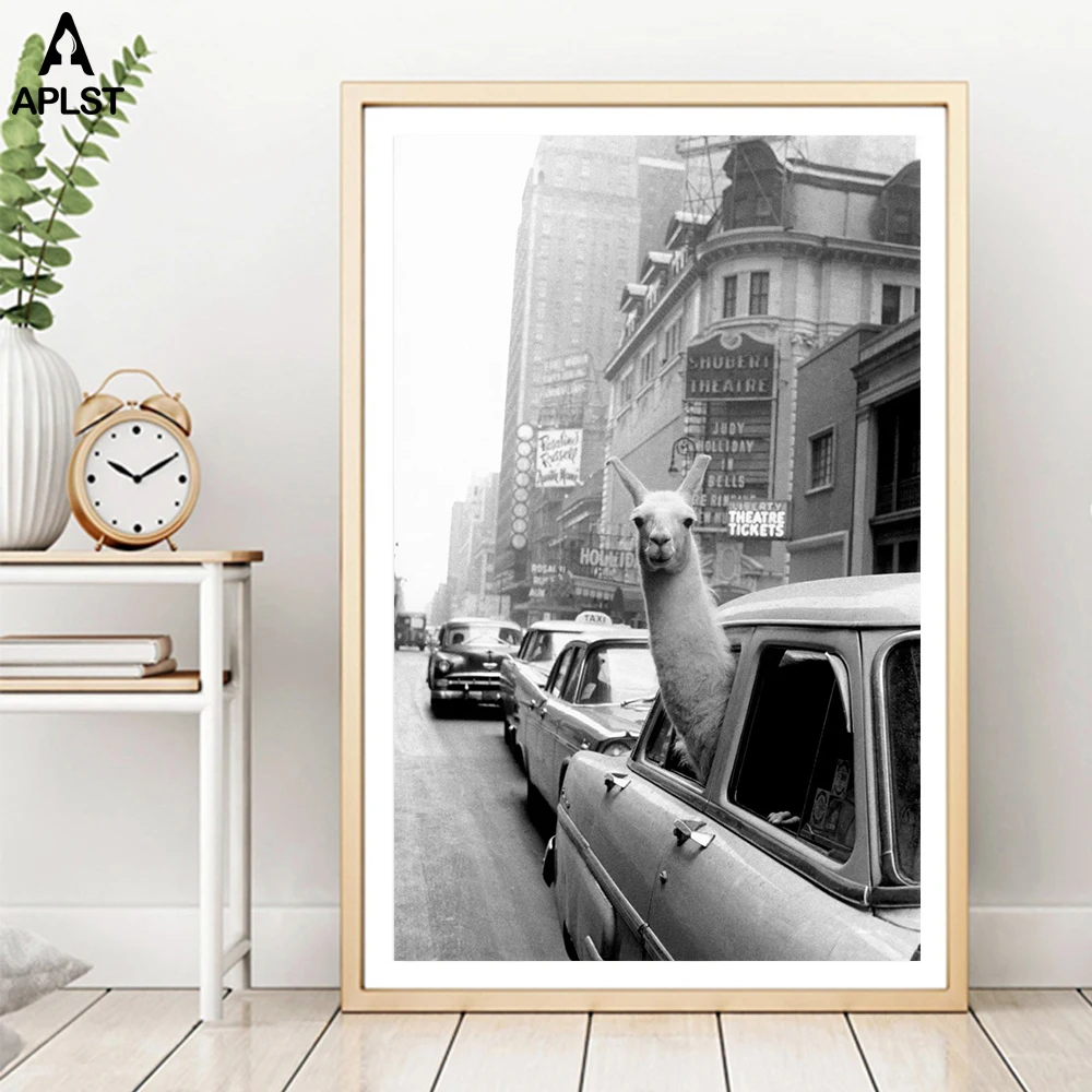Забавная Картина на холсте, альпака, лама в Нью-Йоркском городе, такси, животные, печать, плакаты, настенные художественные фотографии для детского спального общежития