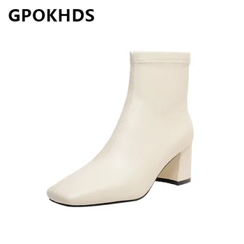 

GPOKHDS 2021 women Ankle boots Microfiber Winter short plush Square Toe Med heels female boots size 43