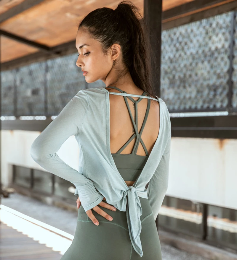 Zhangyunuo Feel Free Knot рубашки, одноцветная Спортивная футболка для женщин, для йоги, с длинным рукавом, для фитнеса, тренировки, рубашки, дышащая Спортивная одежда для зала - Цвет: green