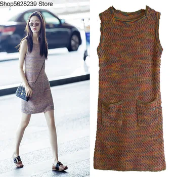 

Small Xiangfeng 19 Women's Wear Song Yi Weaving Color Line Fang Collar Sleeveless Vest Skirt Knitting Dress