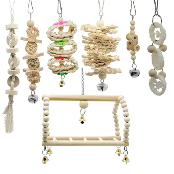 

7 Packs Bird Parrot Swing Chewing Toys- Natural Wood Hanging Bell Bird Cage Toys Suitable For Small Parakeets Cockatiels Conures