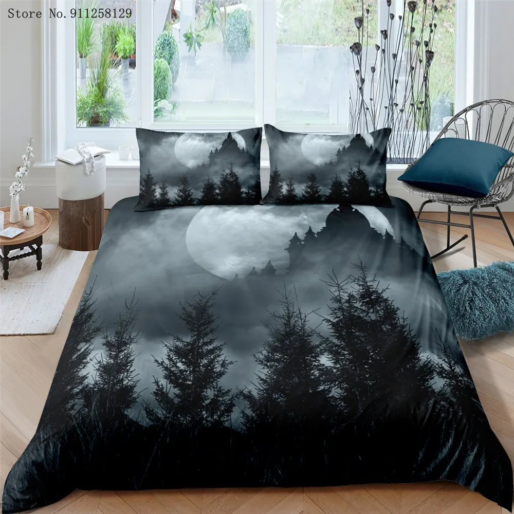 2/3 Pieces Moon Night Landscape Bedding Set Red Blue Black Forest Duvet Cover King Single Queen Bed Quilt Pillowcase | Дом и сад