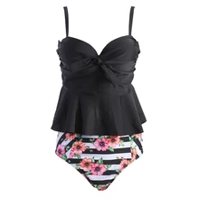 Сексуальный женский танкини большого размера, высокая талия, купальник, Черный Принт, открытая спина, купальник, винтажный купальный костюм с пуш-ап, пляжная одежда, бикини