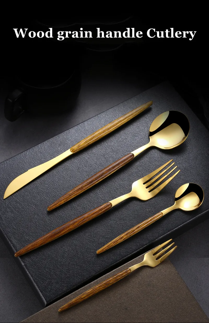 Description Picture 2 of item30Pcs Stainless Steel Dinner Gold Imitation Wooden Handle Dinnerware Knife Coffee Spoon Fork Cutlery Set Tableware Silverware