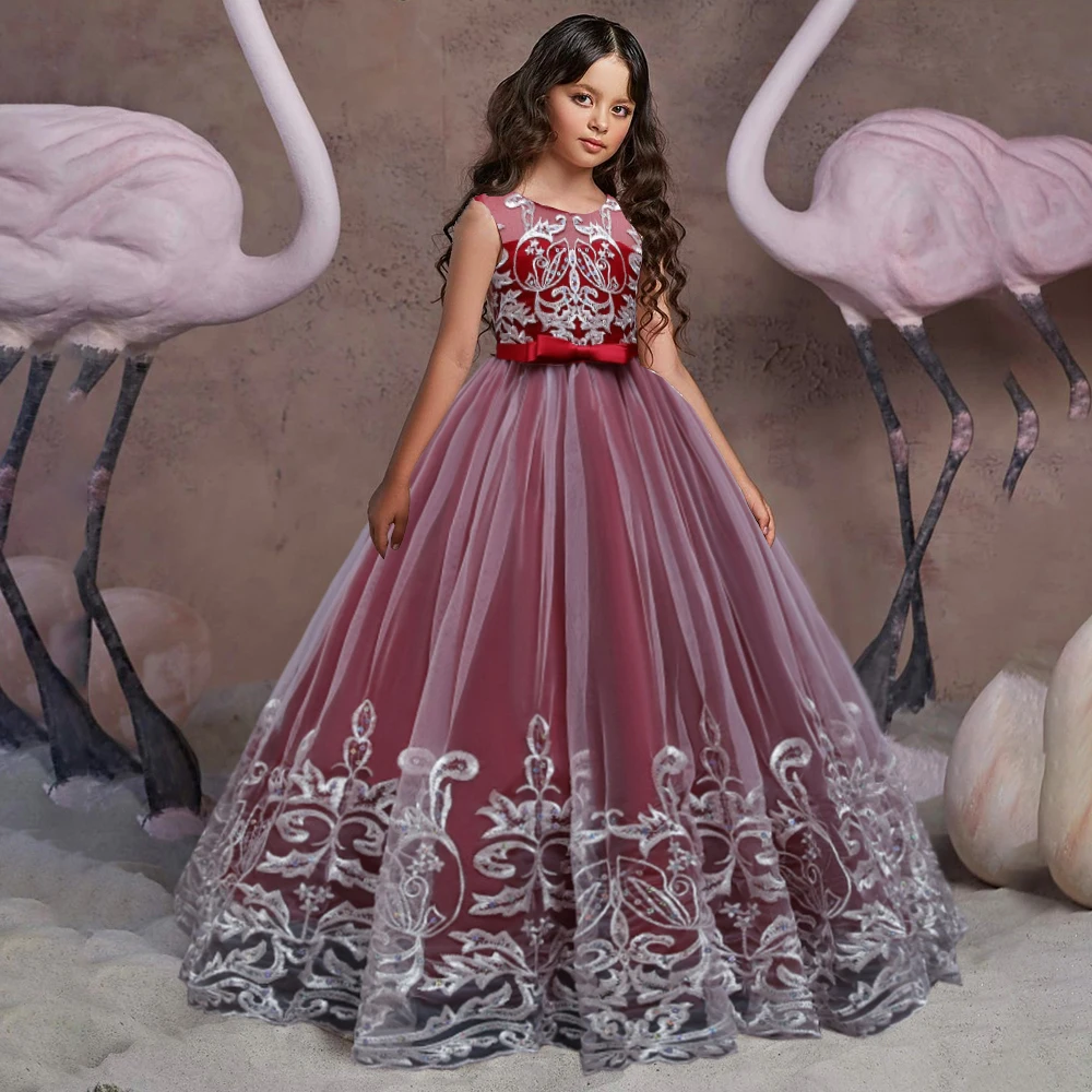 Puffy Tulle Lace Flower Girl Dress Christmas Costume Bride Bow Gown Princess Dress for Girls Wedding Party First Communion