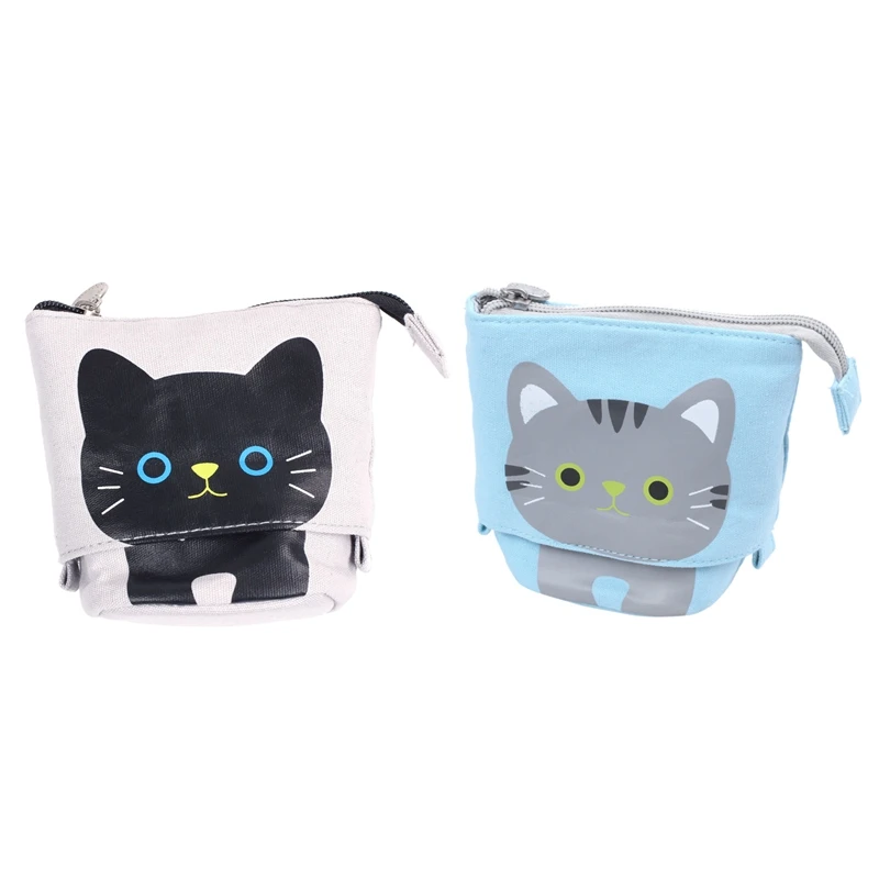 

2pcs Canvas Cartoon Cute Cat Telescopic Pencil Pouch Bag Stationery Pen Case Box with Zipper Closure - Gray & Blue