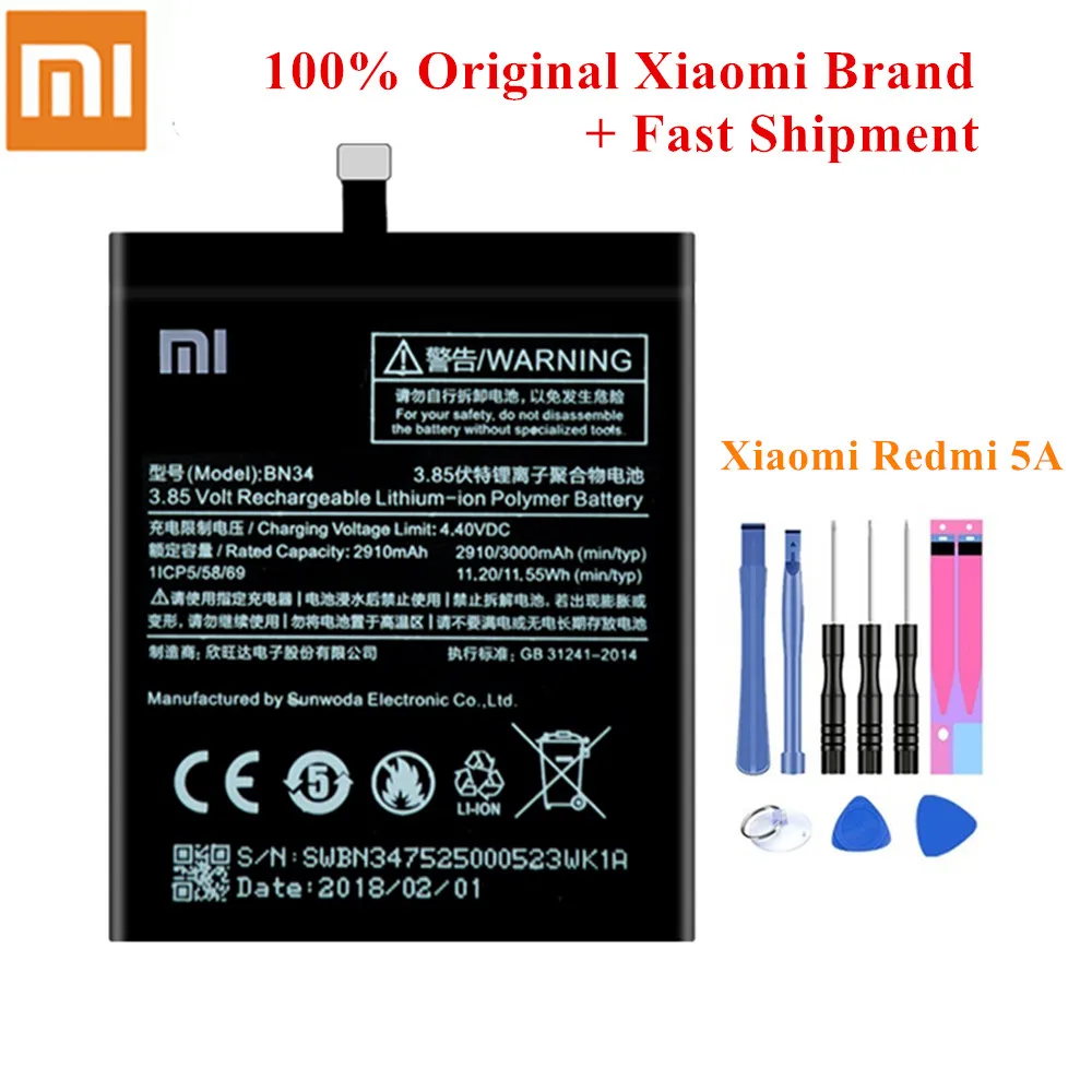 Аккумулятор BN34 для Xiaomi Redmi 5A 2900/3000mAh полная емкость подлинные батареи литий-полимерный Акку+ Инструменты