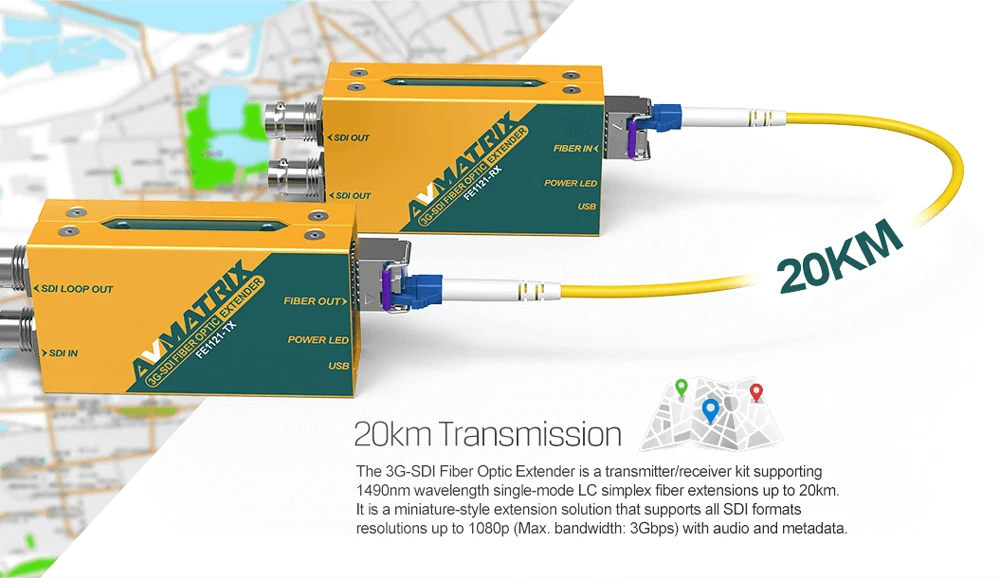 AVMATRIX FE1121 3g-SDI оптоволоконный удлинитель 20 км локальный SDI Loop Out и два выхода SDI и поддерживает сигналы 3g/HD/sd SDI