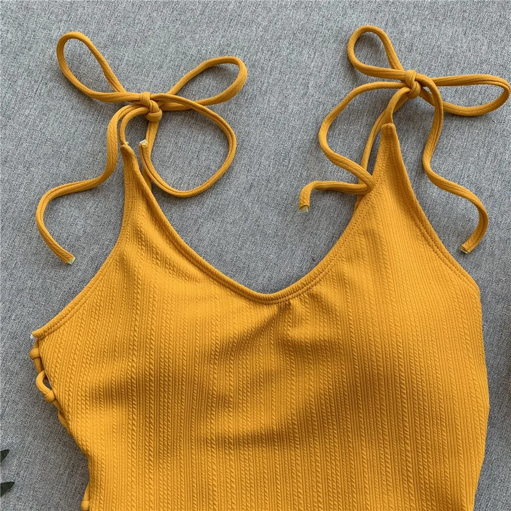 JAYCOSIN solid color strap one-piece bikini swimwear women Slim sexy swimsuit bathing beach fashion youth summer bikini yellow 