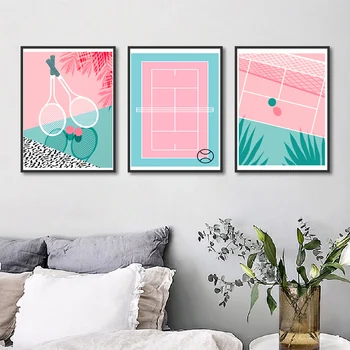 

Modern Style Tennis Racquets And Balls Pink Tennis Court Canvas Painting Posters And Prints Wall Pictures For Living Room Decor