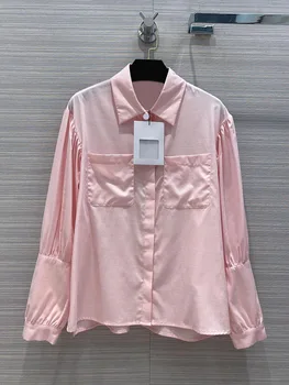 

Luxury Brand Chic Blouse Top 2020 Early Autumn Women New Temperament Palace Style Loose Folded Lantern Sleeve Pink Shirt Blouses