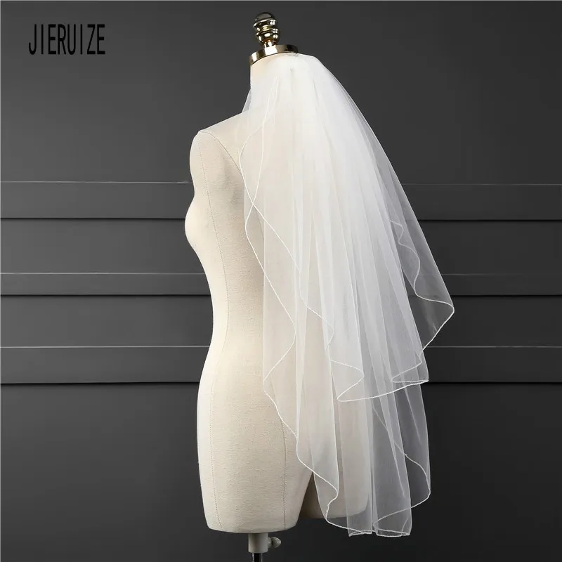 JIERUIZE, короткая фата невесты, два слоя, обрезанная кромка, с гребнем, тюль, свадебная фата, свадебные аксессуары
