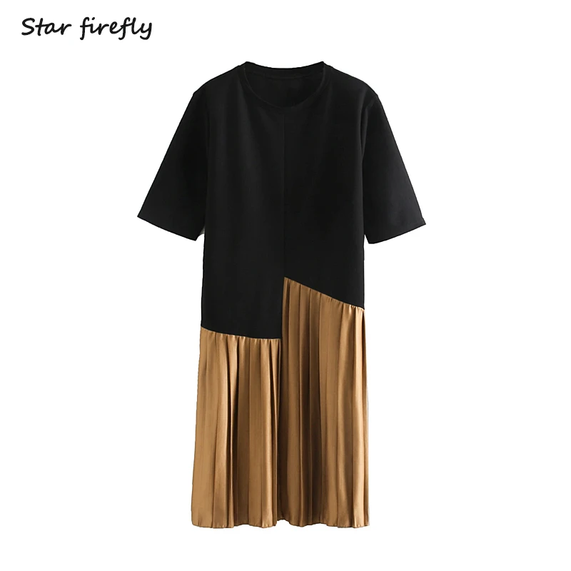 Star firefly fashion Za dress female casual loose small pleated round neck short sleeve stitching straight dress women