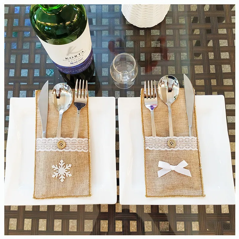 

Table Knife Fork Cover Bag Mats Burlap Lace Utensil Holder Pads For Wedding Bridal Shower Birthday Party Table Setting Decor