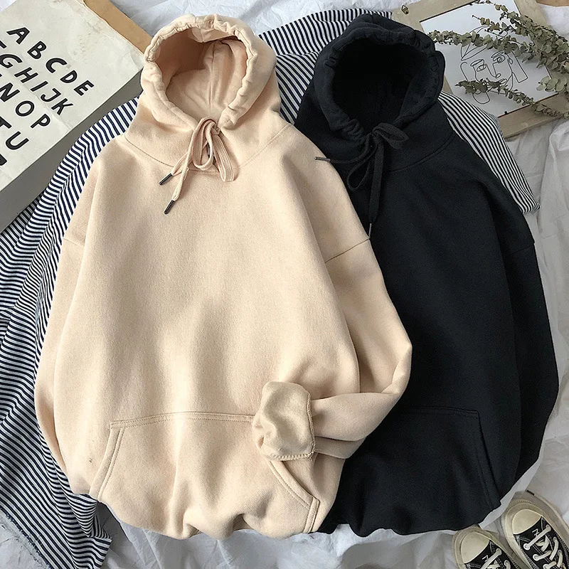 

blank Sweatshirts Women Velvet Solid Color Korean Female Hooded Pullovers Thicken Harajuku Oversized Hoodies Women dropshipping