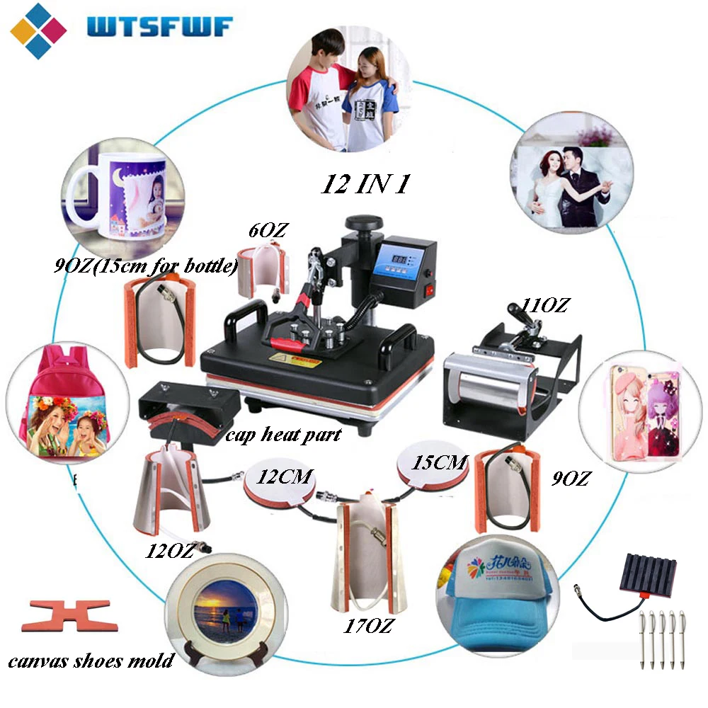 Wtsfwf 12IN1 Heat Press Machine 2D Sublimation Transfer Machine For Cases Mugs Plates Tshirts Pens Caps Canvas Shoes Printing