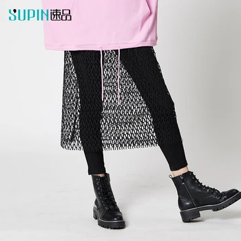 

SUPIN Spring Streetwear Lace Skrit Women Sexy Solid High Waist Loose Female Mid Long Skrit 518393029