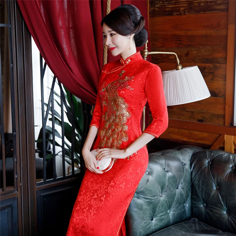 Новое поступление китайский женский Ципао длинный стиль Cheongsam женское традиционное шелковое атласное платье Вышитый Костюм Феникса 4XL 5XL
