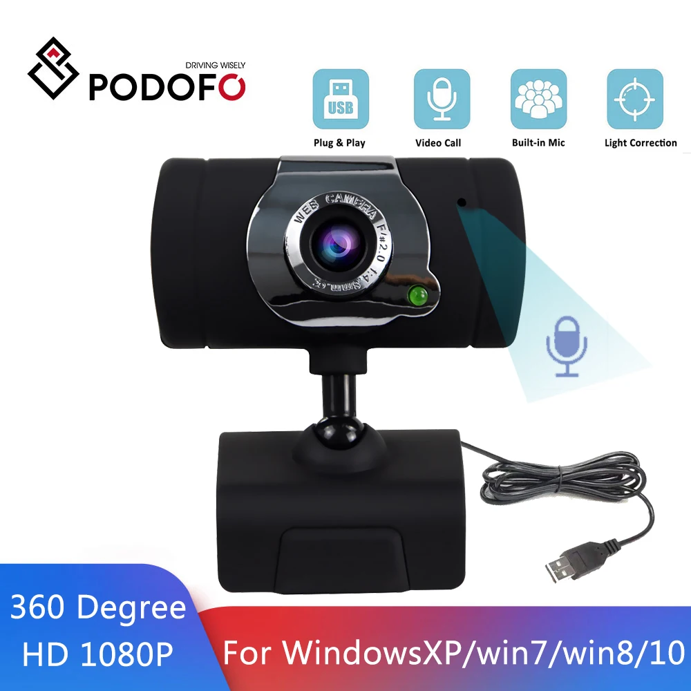 Podofo HD 1080P Cámara 360 grados USB Webcam con micrófono incorporado Driverless USB Webcam para WinXP/Win7/Win8/Win10|Cámaras web| - AliExpress