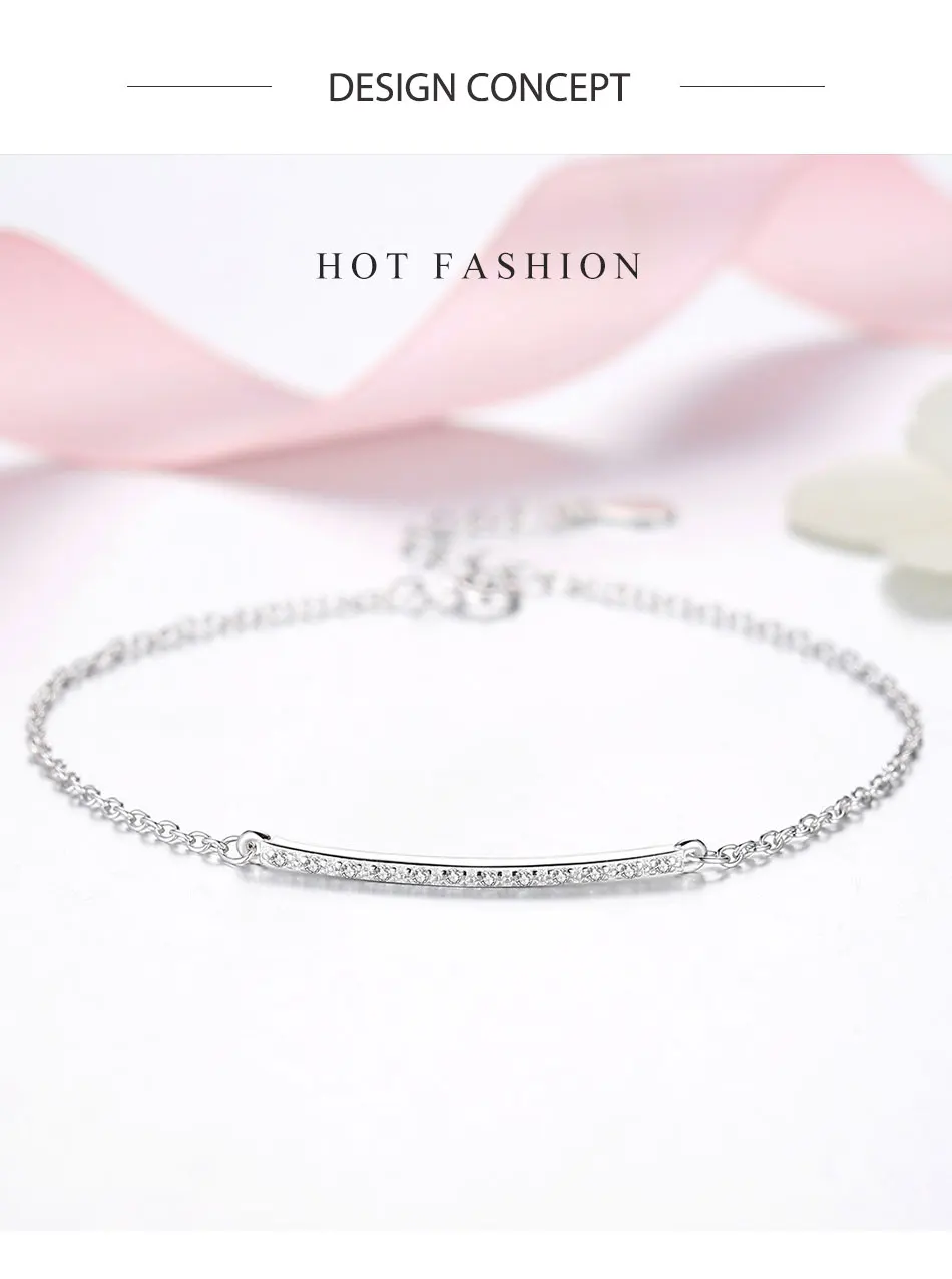 Classic 925 Sterling Silver CZ Zircon Crystal Long Bar Charm Bracelet for Women Lady Fashion Link Chain Square Bracelet Jewelry