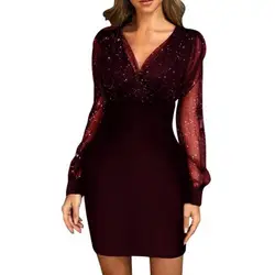 Women Dress Spring Autumn Sequins Sexy Retro Slim Dress Elegant Pure Color Full Sleeve Party Mini Dresses for Daily Wear