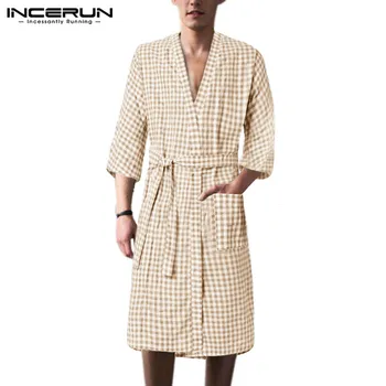 

INCERUN Fashion Men Plaid Sleep Robes Leisure Loose Lattice Sleepwear Casual Half Sleeve V Neck Homewear Nightgrown Man Bathrobe