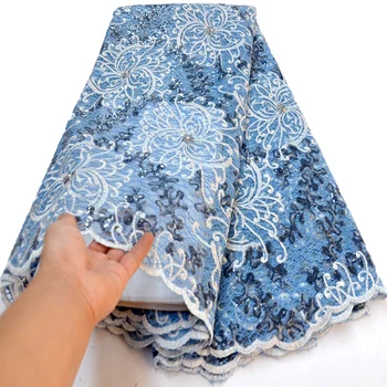 

African Tulle lace 2019 high quality Light blue Embroidery French Lace Fabrics With sequins stones evening party dresses
