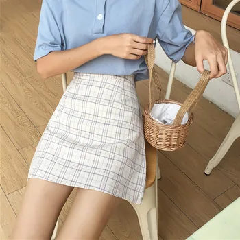 

Streetwear High Waist Mini Skirt Tartan Grey Women A-line Skirt harajuku plaid skirts womens Slim Short Casual Skirt