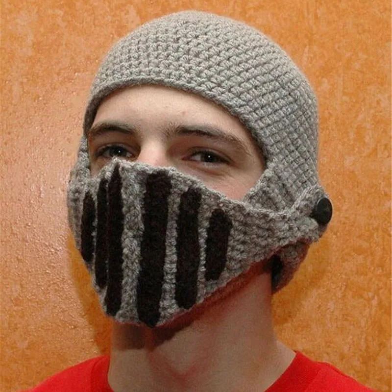 

Handmade Wool Roman Knight Hats Men Cycling Knitted Hat Winter Beanie Skullies Black Gray Halloween Funny Cap for Adult Child