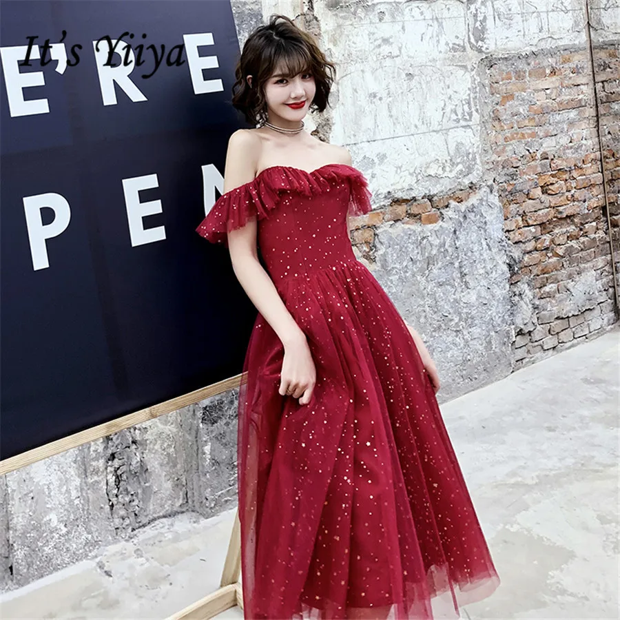 

It's Yiiya Prom Dresses 2020 Shining Boat Neck Women Party Gowns Elegant Off Shoulder Plus Size Short Formal Dress E1275