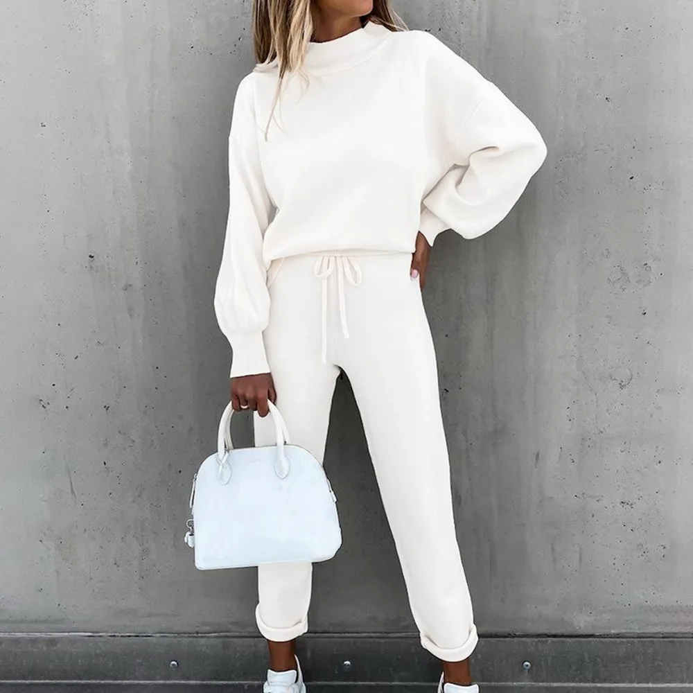 

Tracksuits Women Fleece Sweatshirt Sets Lantern Sleeve Pullover Drawstring Pants Set Clothing Women 2020 Autumn Sportswear