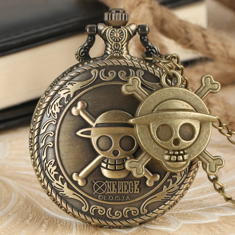Vintage Antique One Piece Theme Pocket Watch With Bronze Pirate Skull Pendant Quartz Necklace Chain Pendant Watch Men Women Gift