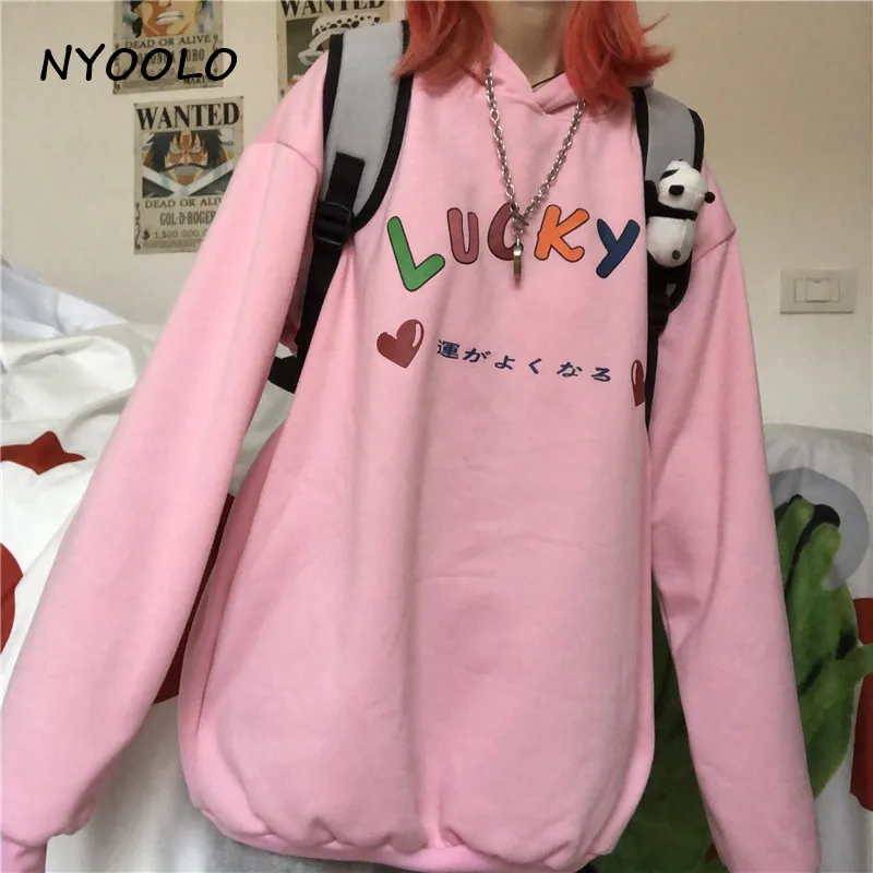 NYOOLO Harajuku уличная Радуга с буквенным принтом для девочек розовые теплые флисовые толстовки осень зима с капюшоном Пуловеры Толстовка для женщин - Цвет: Розовый