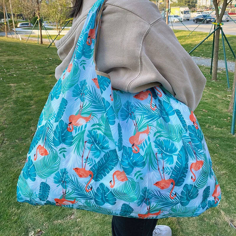 Reusable Grocery Bag Folding Machine Washable Shopping Bag  Large 50-Pound Tote Bag Shoulder Bag Strong Lightweight Polyester