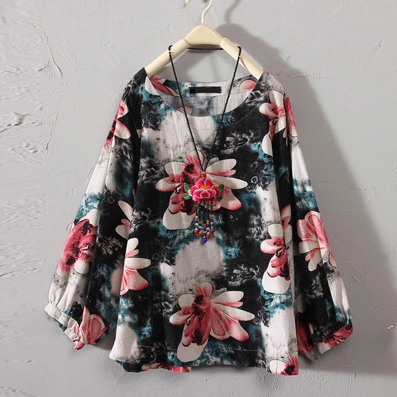 2019 новые женские Топы Рубашки винтажные Boho Цветочные с длинным рукавом круглым