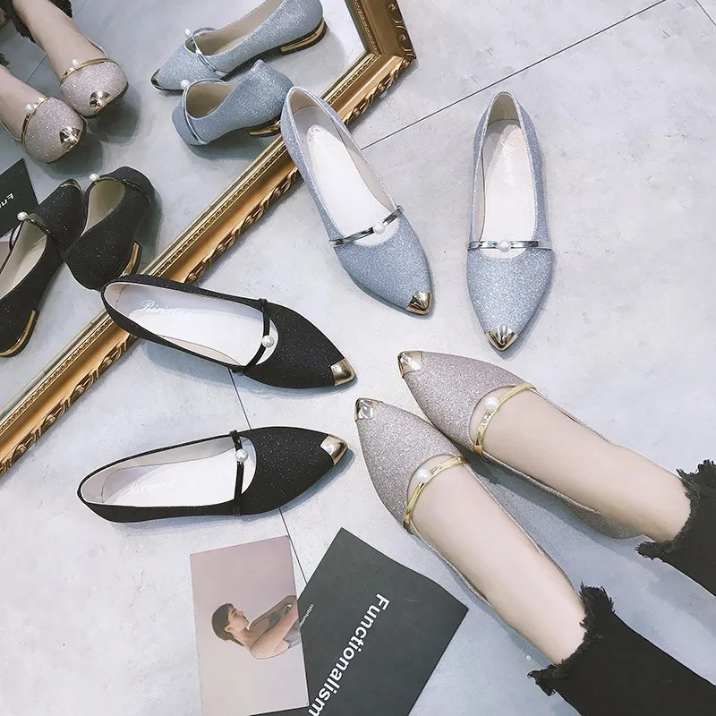 

Loafers Spring And Autumn WOMEN'S Shoes Fashion Pearl Pointed-Toe Low Heel Korean-style Versatile Casual Foot Covering Shoes