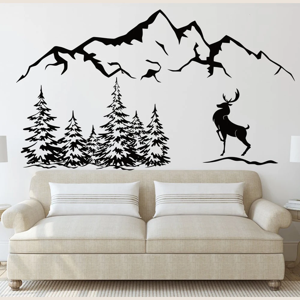 

Горы и олень настенная наклейка олень лесной пейзаж Настенный декор виниловая Гора дикие животные лес Настенная Наклейка Декор комнаты C797