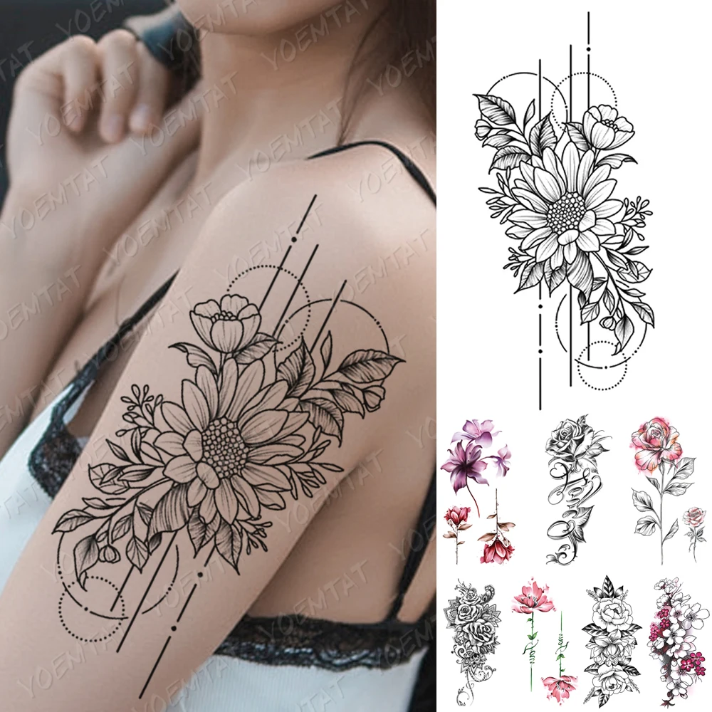 

Waterproof Temporary Tattoo Sticker Line Rose Peony Lily Lotus Tattoos Plum Blossom Body Art Arm Fake Sleeve Tatoo Women Men