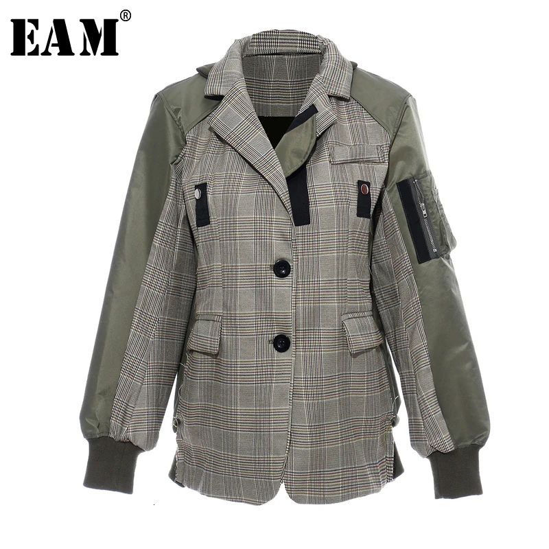 [EAM] Свободная куртка в армейскую зеленую клетку большого размера, новинка, Женское пальто с отворотом и длинным рукавом, модное осенне-зимнее пальто, 1D636