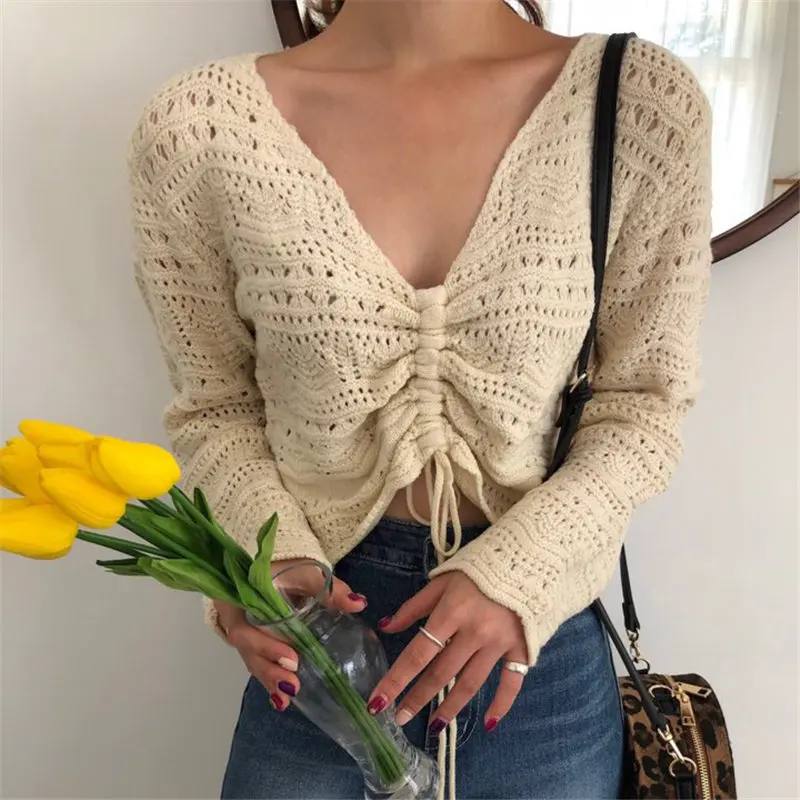 

Alien Kitty Stylish Hollow Out Drawstring Girls V-Neck Full Sleeves Sexy Women Hook Flowers Pullovers Knitted Short Sweaters