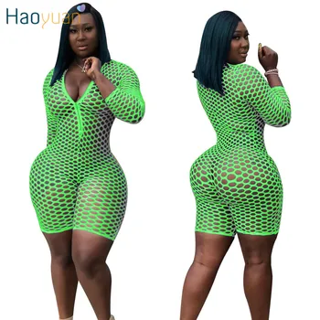 

HAOYUAN Fishnet Sexy Playsuit Women Rave Clothes Summer Overalls Sheer Mesh Romper Neon Green Casual Bodycon Shorts Jumpsuits
