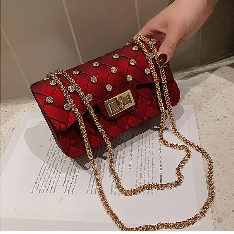 Red shoulder bag Мини кожаные сумки через плечо для женщин зеленая цепь сумка через плечо Женский вязаный узор кошельки сумочки через плечо сумка - Цвет: Red shoulder bag