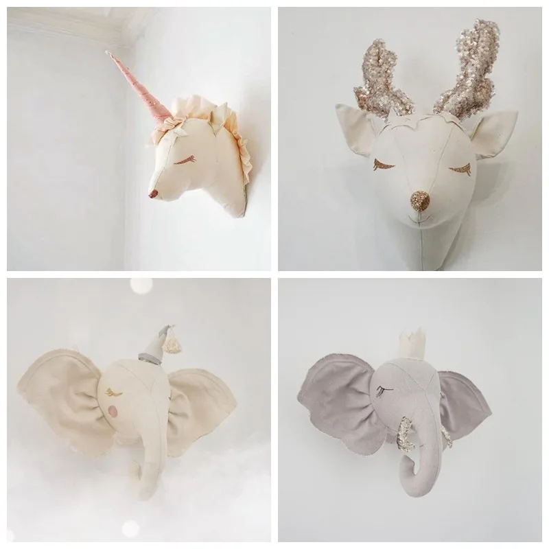 Cute Unicorn Deer Elephant Plush Toy Stuffed Dolls Animal Head Wall Mount for Kids Girl Room Decor Baby Nursery Room Decoration