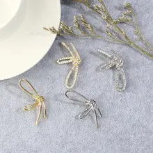 Плоские серьги-гвоздики с бантом для женщин и девочек, золотой, серебристый металлический с кристаллами, серьги с бантом, Корейская Асимметричная модная свадебная бижутерия