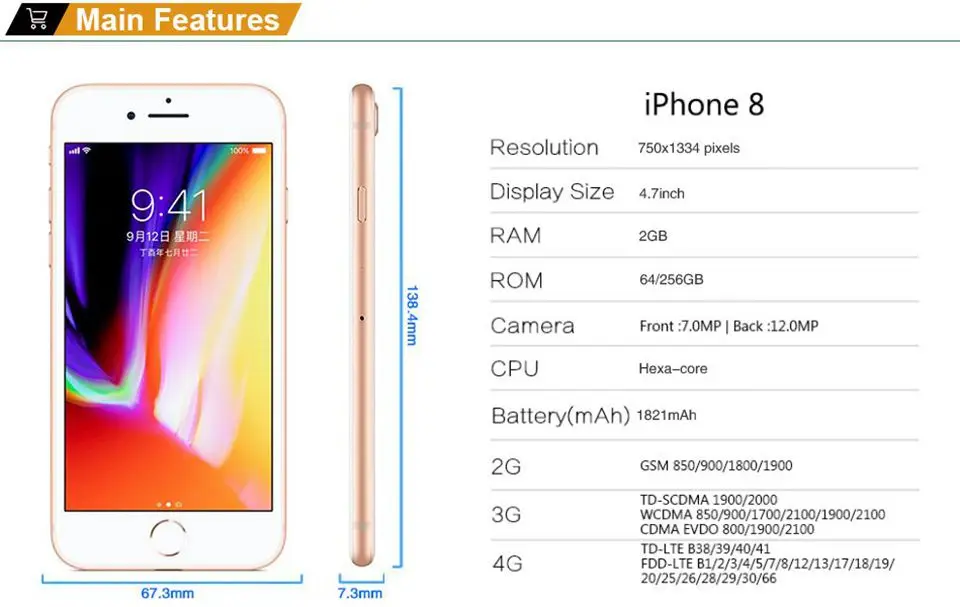 Разблокированный Apple iPhone 8 4,7 "4G LTE 2GB ram 64 GB/256 GB rom iOS 11 Hexa Core 12MP 3D Touch ID отпечаток пальца оригинальный мобильный телефон
