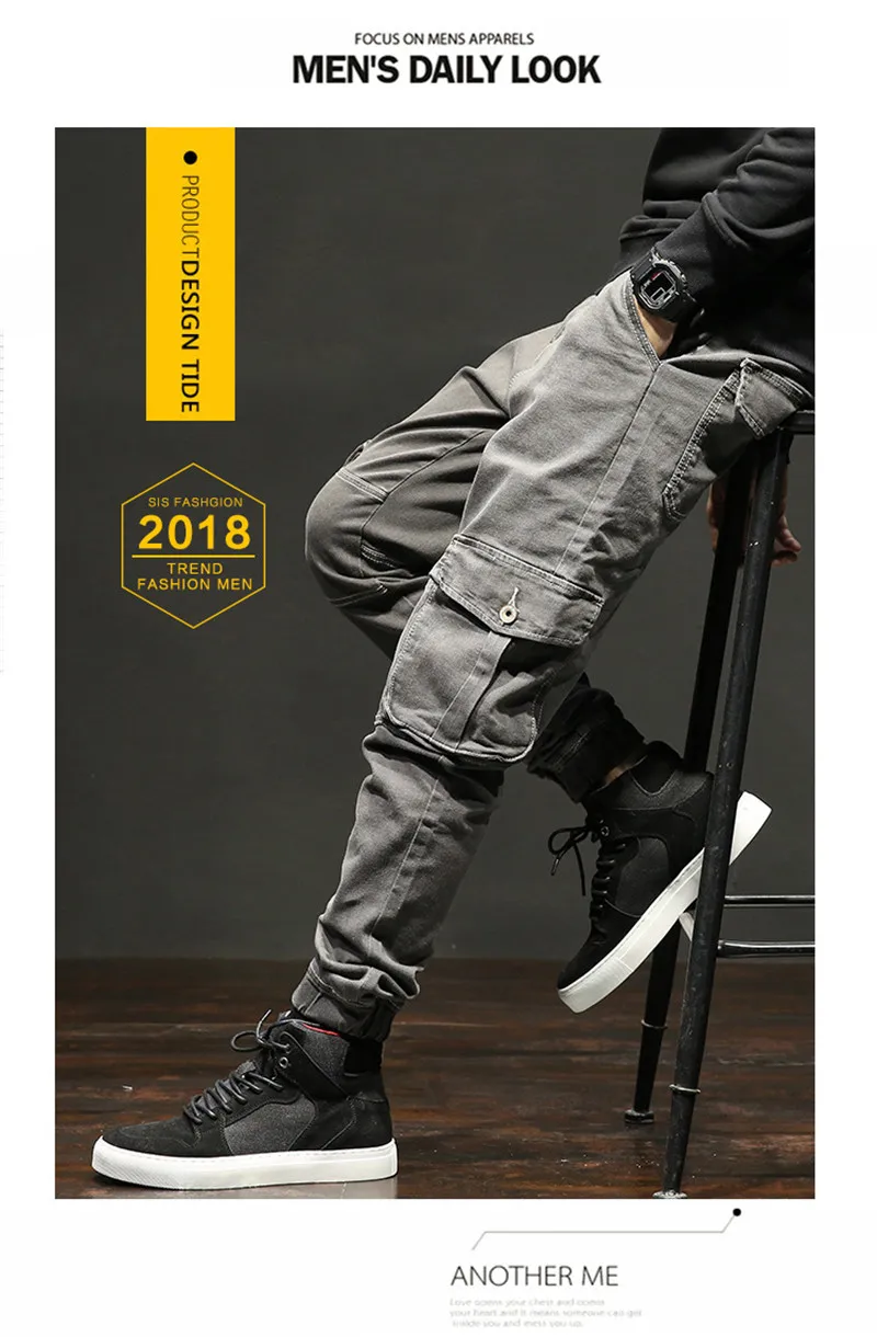 2018 New Men`s Casual Jeans Trousers Cool Fashion Male Loose Multi-pockets Military Tactical Cargo Pants Elastic Beam Foot Pants  (7)