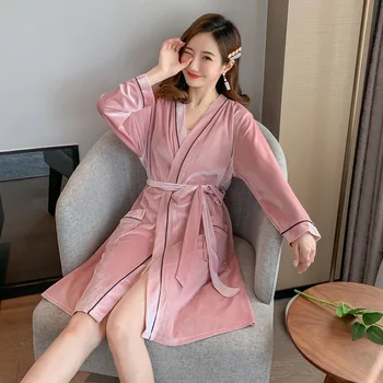 

M-XL Winter Burgundy Female Robe Sexy V-Neck Velour Kimono Bathrobe Gown Intimate Lingerie Sleepwear Lounge Home Wear With Belt