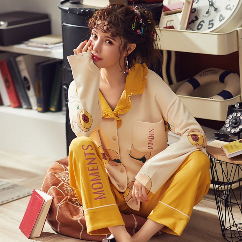 Новый осенний вязаный хлопковый женский пижамный комплект с длинными рукавами и